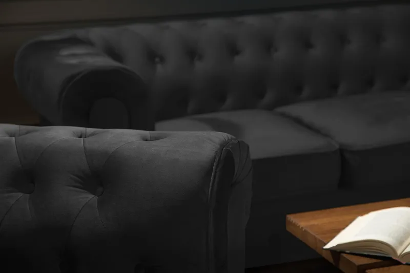 Chesterfield Lyx Stor skön djup sammetsfåtölj - Fåtölj till vardagsrum - Svart Sammet - Möbler - Stolar & fåtöljer - Fåtölj - Chesterfield fåtölj