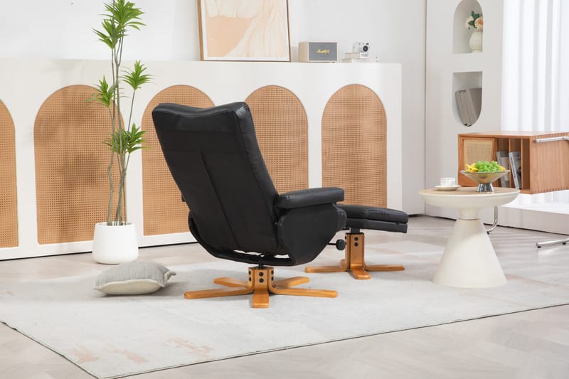 Duva reclinerfåtölj med fotpall i svart PU med bruna ben - Svart - Möbler - Stolar & fåtöljer - Fåtölj - Fåtölj med fotpall