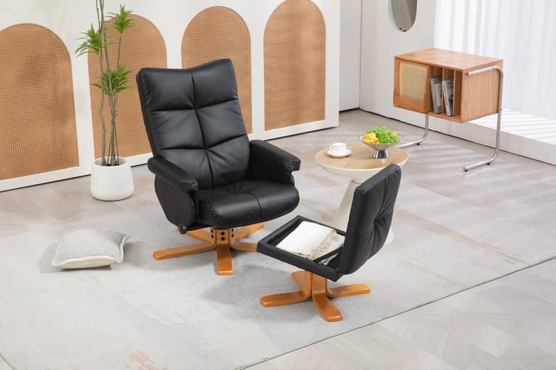 Duva reclinerfåtölj med fotpall i svart PU med bruna ben - Svart - Möbler - Stolar & fåtöljer - Fåtölj - Fåtölj med fotpall