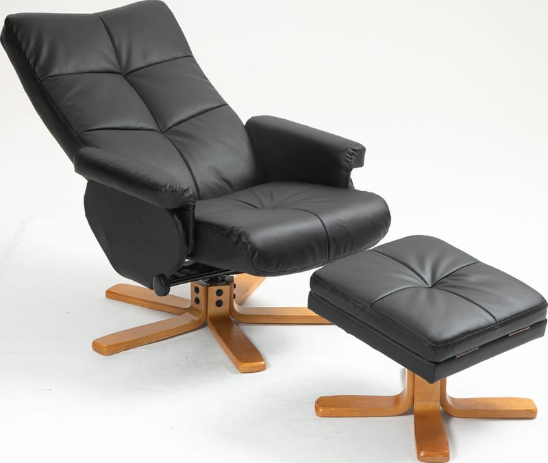 Duva reclinerfåtölj med fotpall i svart PU med bruna ben - Svart - Möbler - Stolar & fåtöljer - Fåtölj - Fåtölj med fotpall