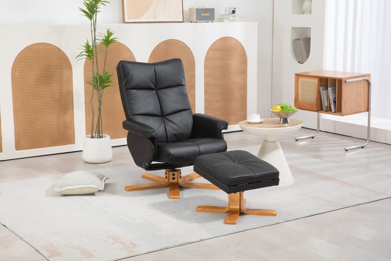 Duva reclinerfåtölj med fotpall i svart PU med bruna ben - Svart - Möbler - Stolar & fåtöljer - Fåtölj - Fåtölj med fotpall