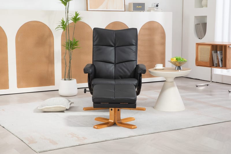 Duva reclinerfåtölj med fotpall i svart PU med bruna ben - Svart - Möbler - Stolar & fåtöljer - Fåtölj - Fåtölj med fotpall