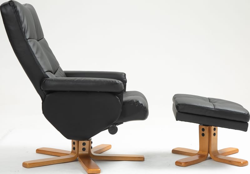 Duva reclinerfåtölj med fotpall i svart PU med bruna ben - Svart - Möbler - Stolar & fåtöljer - Fåtölj - Fåtölj med fotpall