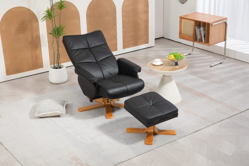 Duva reclinerfåtölj med fotpall i svart PU med bruna ben - Svart - Möbler - Stolar & fåtöljer - Fåtölj - Fåtölj med fotpall