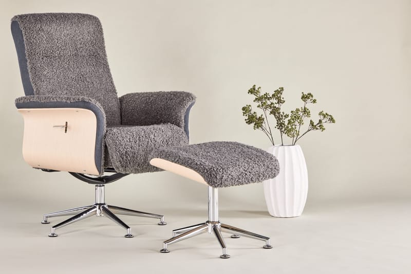 Reclinerfåtölj med fotpall - Grå fårskinnsimitation/whitewash ek - Grå - Möbler - Stolar & fåtöljer - Fåtölj - Fåtölj med fotpall