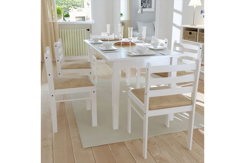 Matstolar 6 st vit massivt trä och sammet - Vit - Matstol & köksstol