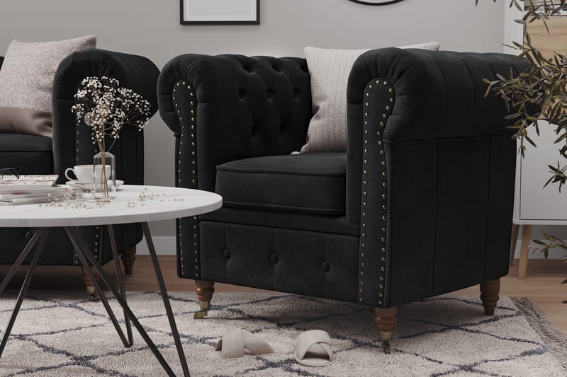 Chesterfield Deluxe Fotpall Sammet - Svart - Möbler - Stolar & fåtöljer - Pall & puff - Fotpall - Chesterfield fotpall