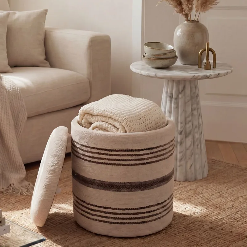 Nirek Rund sittpuff med förvaring i ulltyg - ljusbeige - Möbler - Stolar & fåtöljer - Pall & puff - Sittpuff