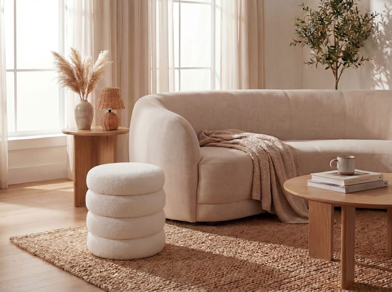 Velik Rund sittpuff med förvaring i teddytyg - ljus kräm - Möbler - Stolar & fåtöljer - Pall & puff - Sittpuff