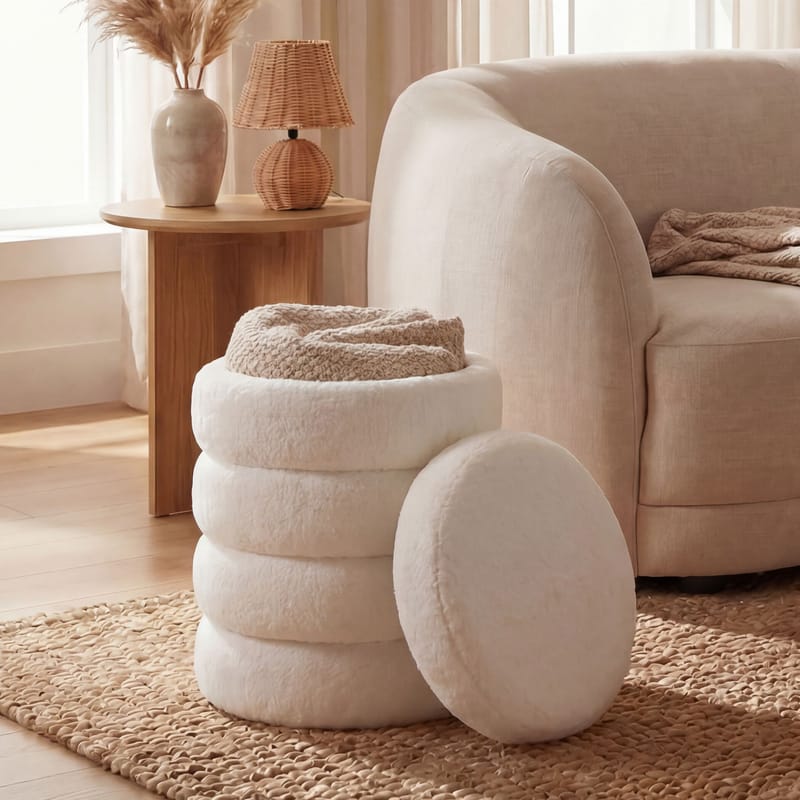 Velik Rund sittpuff med förvaring i teddytyg - ljus kräm - Möbler - Stolar & fåtöljer - Pall & puff - Sittpuff
