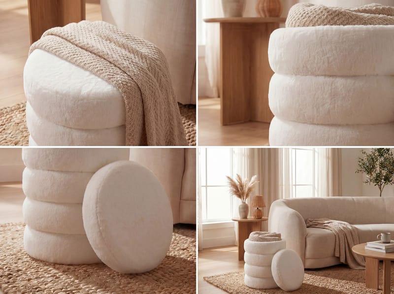 Velik Rund sittpuff med förvaring i teddytyg - ljus kräm - Möbler - Stolar & fåtöljer - Pall & puff - Sittpuff