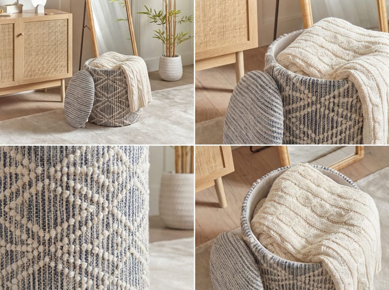 Veron Rund sittpuff med förvaring i ulltyg - grå och gräddfärgad - Möbler - Stolar & fåtöljer - Pall & puff - Sittpuff