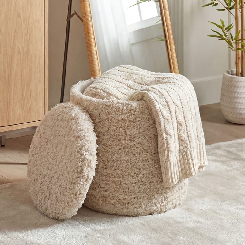 Veron Rund sittpuff med förvaring i ulltyg - ljusbeige - Möbler - Stolar & fåtöljer - Pall & puff - Sittpuff