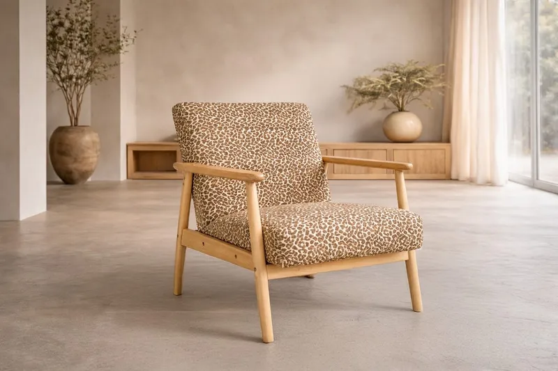 Runbert Retro Fåtölj i Chenille med Armstöd och Trästativ, Brun