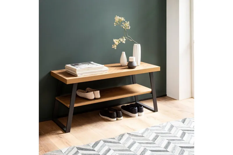 Bänk Wohnling Ekfiskbensdekor med hylla Stabil metallram Modern look - Möbler - Stolar & fåtöljer - Sittbänk - Skobänk & skohylla med bänk