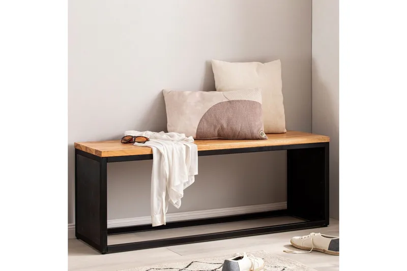 Bänk Wohnling Industriellt massivt trä, Akacia sits med stenvy, metallram - Möbler - Stolar & fåtöljer - Sittbänk - Hallbänk