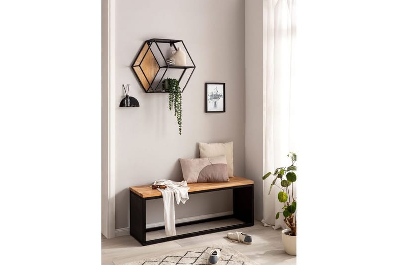 Bänk Wohnling Industriellt massivt trä, Akacia sits med stenvy, metallram - Möbler - Stolar & fåtöljer - Sittbänk - Hallbänk