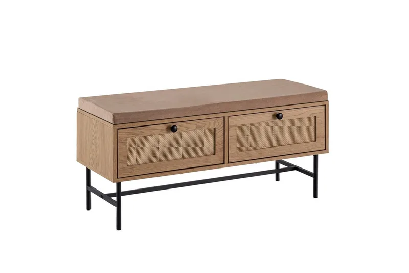 Bänk Wohnling Tygklädd sittplats med 2 rottingliknande lådor i ekdekor, undefined