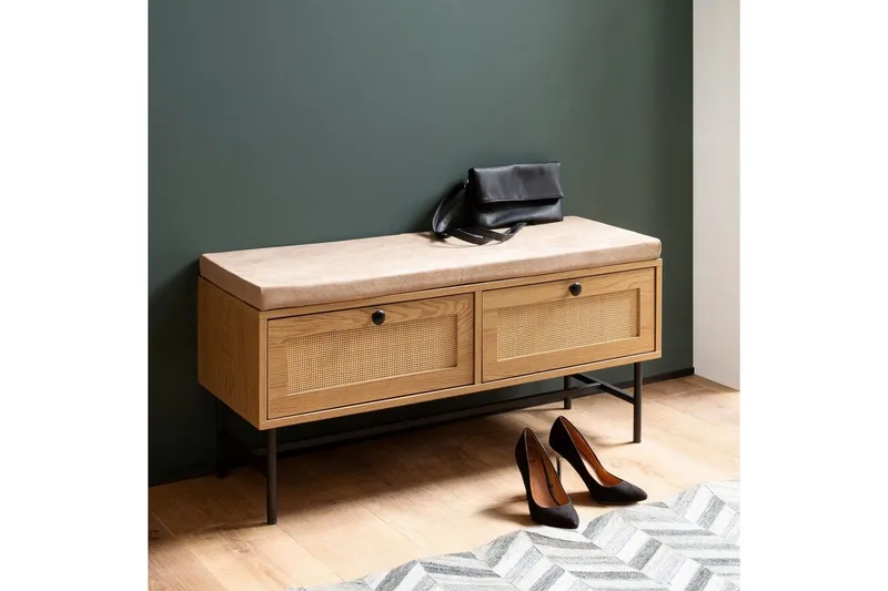 Bänk Wohnling Tygklädd sittplats med 2 rottingliknande lådor i ekdekor - Möbler - Stolar & fåtöljer - Sittbänk - Hallbänk