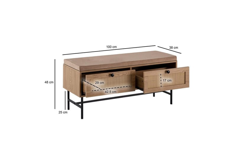 Bänk Wohnling Tygklädd sittplats med 2 rottingliknande lådor i ekdekor - Möbler - Stolar & fåtöljer - Sittbänk - Hallbänk