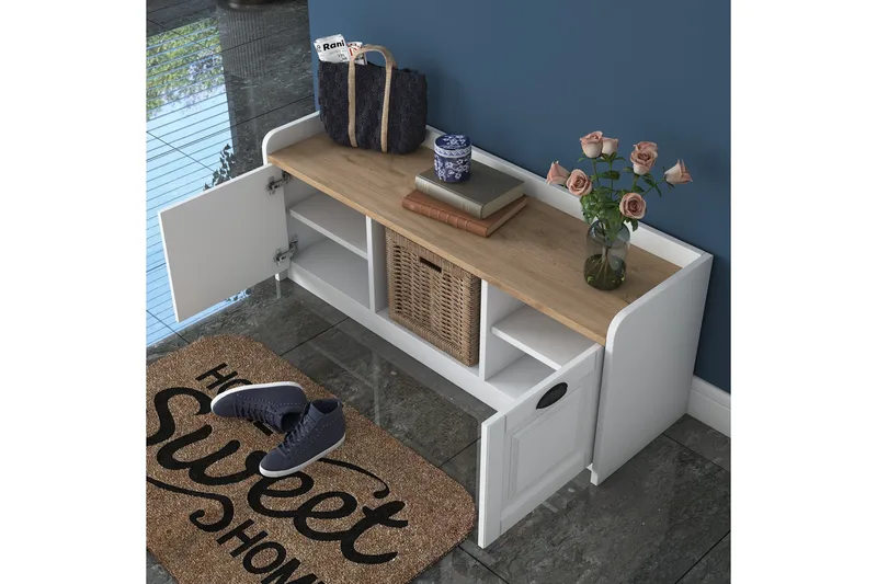 Caraway Skobänk 120x45 cm Vit/Brun - Hanah Home - Möbler - Stolar & fåtöljer - Sittbänk - Skobänk & skohylla med bänk