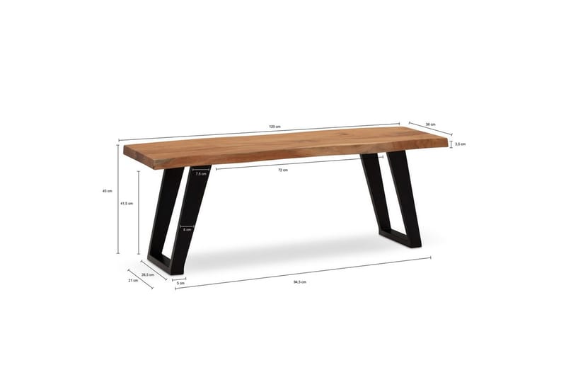 Kapprumsbänk Wohnling Massivt Akaciaträ 120 cm Träkant Hall Svart, vinklade löpare - Svart, vinklade löpare - Möbler - Stolar & fåtöljer - Sittbänk - Hallbänk