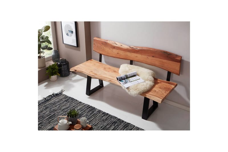 Matbänk Wohnling Köksbänk i massivt trä med trädets kant med metallben, lantlig stil Med ryggstöd, 160 cm - Med ryggstöd, 160 cm - Möbler - Stolar & fåtöljer - Sittbänk