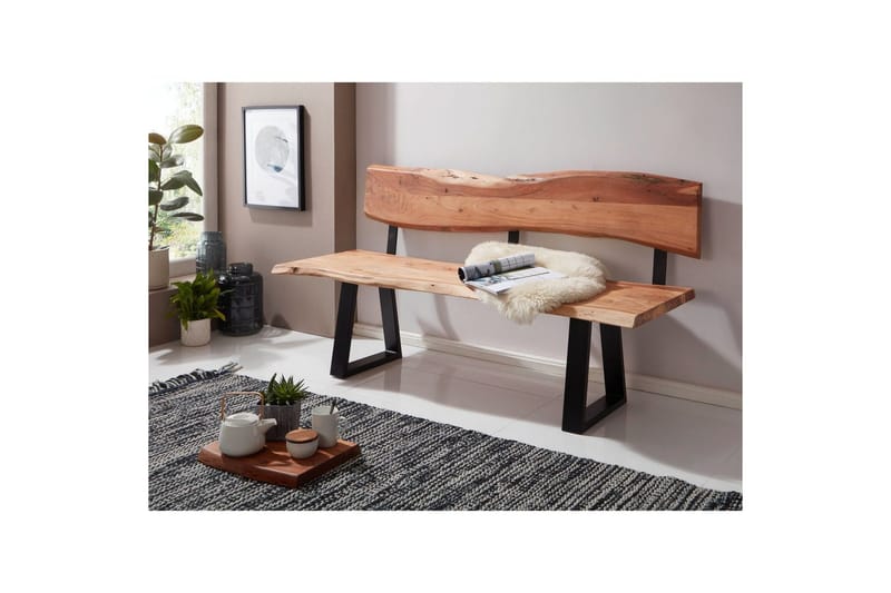 Matbänk Wohnling Köksbänk i massivt trä med trädets kant med metallben, lantlig stil Med ryggstöd, 160 cm - Med ryggstöd, 160 cm - Möbler - Stolar & fåtöljer - Sittbänk