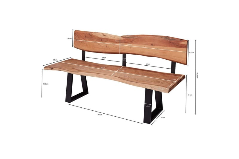 Matbänk Wohnling Köksbänk i massivt trä med trädets kant med metallben, lantlig stil Med ryggstöd, 160 cm - Med ryggstöd, 160 cm - Möbler - Stolar & fåtöljer - Sittbänk