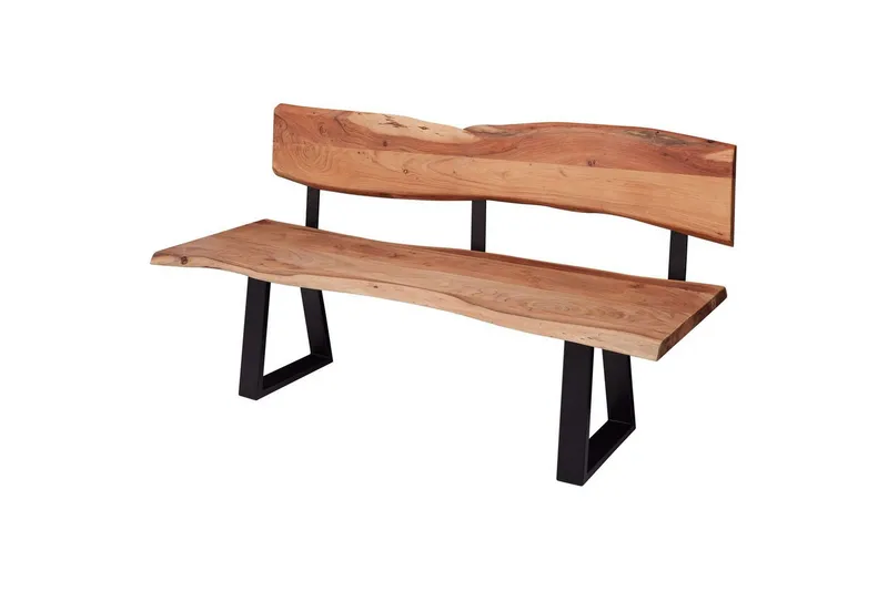 Matbänk Wohnling Köksbänk i massivt trä med trädets kant med metallben, lantlig stil Med ryggstöd, 160 cm, Med ryggstöd, 160 cm