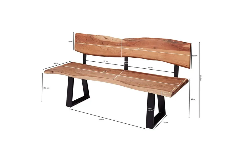 Matbänk Wohnling Köksbänk i massivt trä med trädets kant med metallben, lantlig stil Med ryggstöd, 180 cm - Med ryggstöd, 180 cm - Möbler - Stolar & fåtöljer - Sittbänk