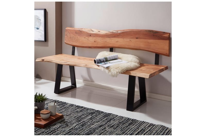 Matbänk Wohnling Köksbänk i massivt trä med trädets kant med metallben, lantlig stil Med ryggstöd, 180 cm - Med ryggstöd, 180 cm - Möbler - Stolar & fåtöljer - Sittbänk