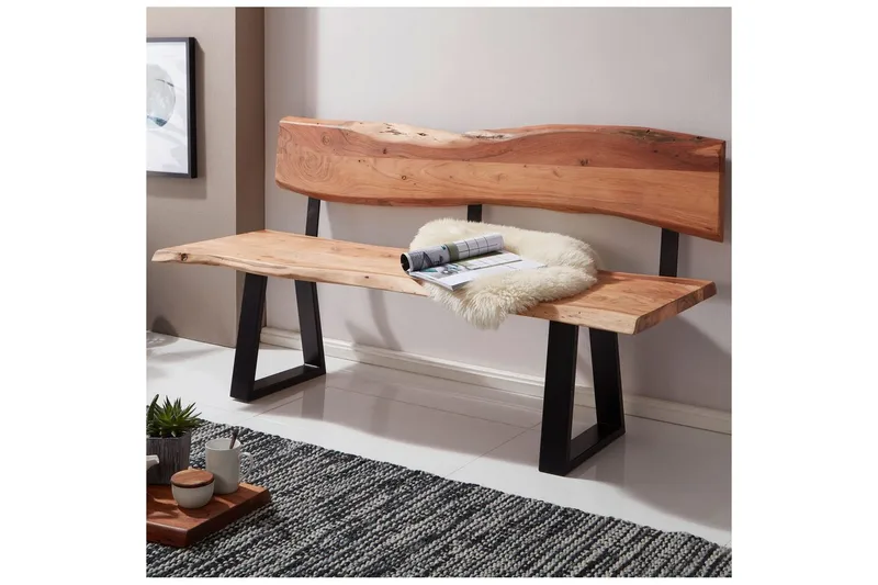 Matbänk Wohnling Köksbänk i massivt trä med trädets kant med metallben, lantlig stil Med ryggstöd, 180 cm - Med ryggstöd, 180 cm - Möbler - Stolar & fåtöljer - Sittbänk