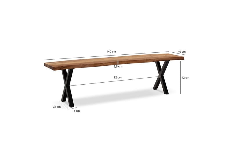 Matbänk Wohnling Massivt trä med metallben träd kant lantligt Svart, korsad, 140 cm - Svart, korsad, 140 cm - Möbler - Stolar & fåtöljer - Sittbänk - Hallbänk