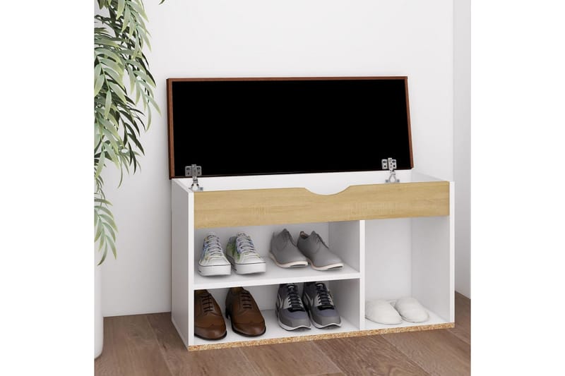 Skobänk med dyna vit och sonoma-ek 80x30x47 cm spånskiva - Vit/ek - Möbler - Stolar & fåtöljer - Sittbänk - Skobänk & skohylla med bänk