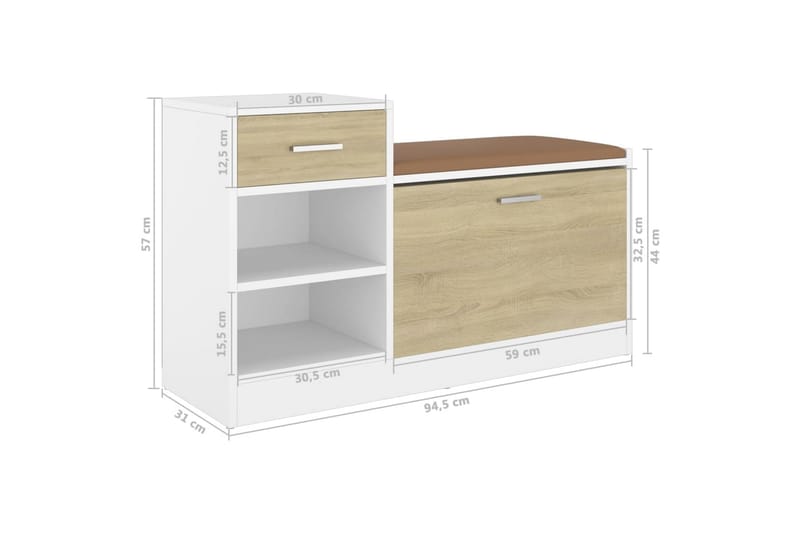 Skobänk vit och sonoma-ek 94,5x31x57 cm spånskiva - Beige - Möbler - Stolar & fåtöljer - Sittbänk - Skobänk & skohylla med bänk