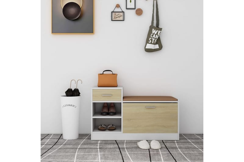 Skobänk vit och sonoma-ek 94,5x31x57 cm spånskiva - Beige - Möbler - Stolar & fåtöljer - Sittbänk - Skobänk & skohylla med bänk