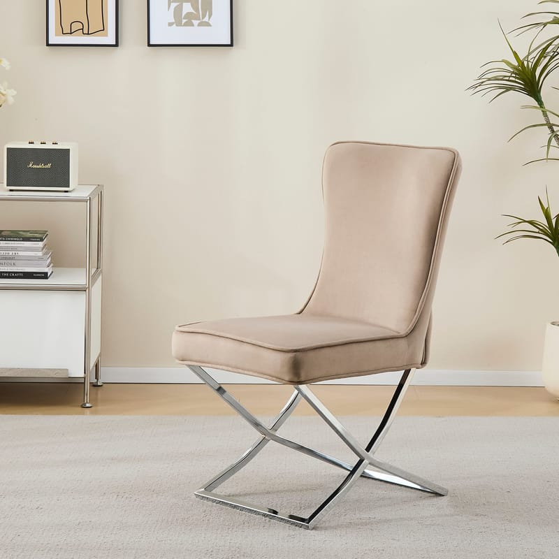 Stol med kromade ben - beige sammet - Luxury - Beige sammet med kromat underrede - Möbler - Stolar & fåtöljer - Matstol & köksstol