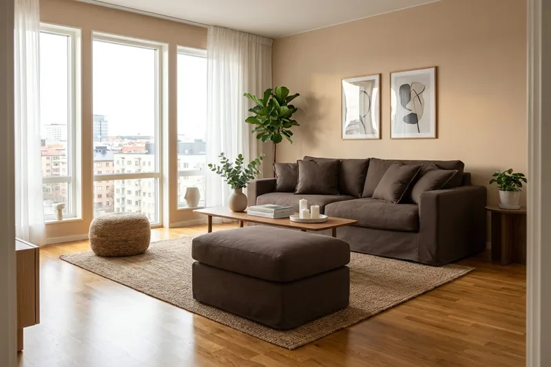 Valencia Extra Djup 3-sits soffa + fotpall med avtagbar och tvättbar klädsel - Mörkbrun - Möbler - Soffa