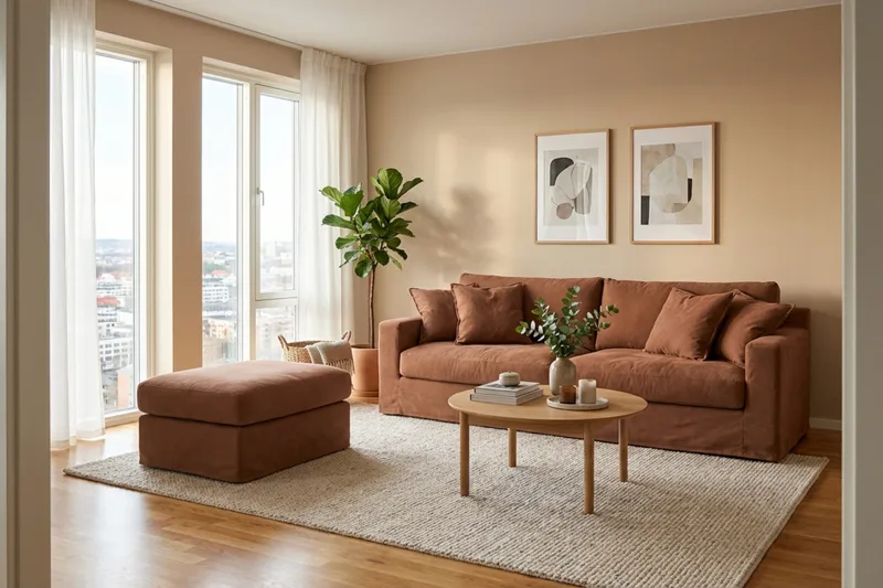 Valencia Extra Djup 3-sits soffa + fotpall med avtagbar och tvättbar klädsel - Rödbrun - Möbler - Soffa