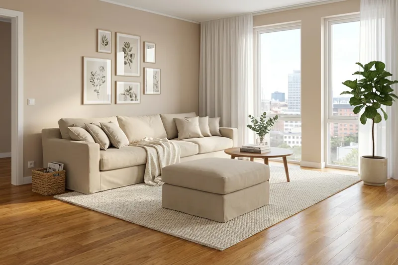 Valencia Extra Djup 5-sits soffa + fotpall med avtagbar och tvättbar klädsel - Beige - Möbler - Soffa