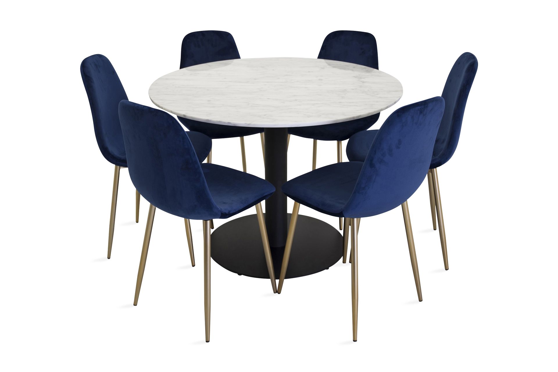 Admira Matgrupp 106 cm Rund Marmor med 6 Valeri Köksstol - Sammet Grå/Svart