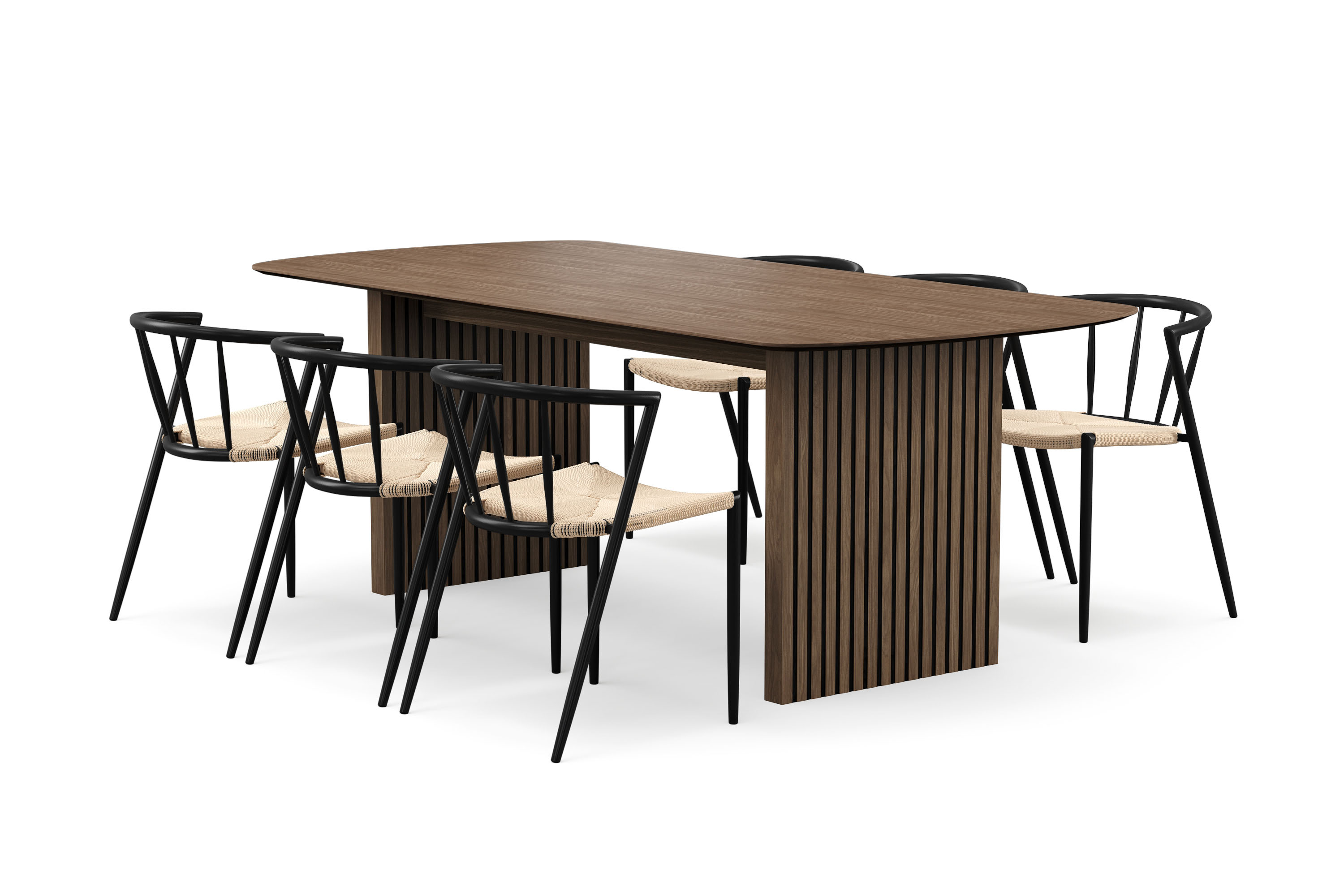 Richeto Matbord 210 cm med 6 Winston Matstolar - Rökt ek / Beige / Metallben Svart