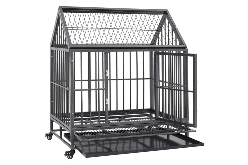 Hundbur med hjul och tak stål 92x62x106 cm - Svart - Sport & fritid - För djuren - För hund - Hundbur & transportbur hund
