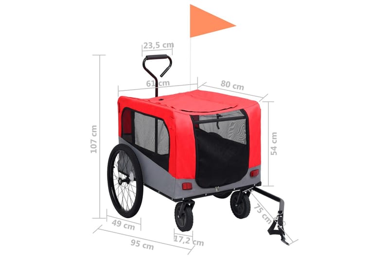 2-i-1-Cykelvagn för husdjur och joggingvagn röd och grå - Röd - Cykelvagn & cykelkärra - Hundmöbler - Hundvagn & cykelkorg hund