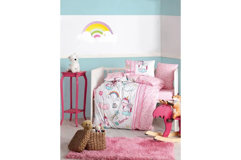 Lasten pussilakanasetti Delfiinimuumi 120x160+40x60 cm, Rosa/Vit/Turkos