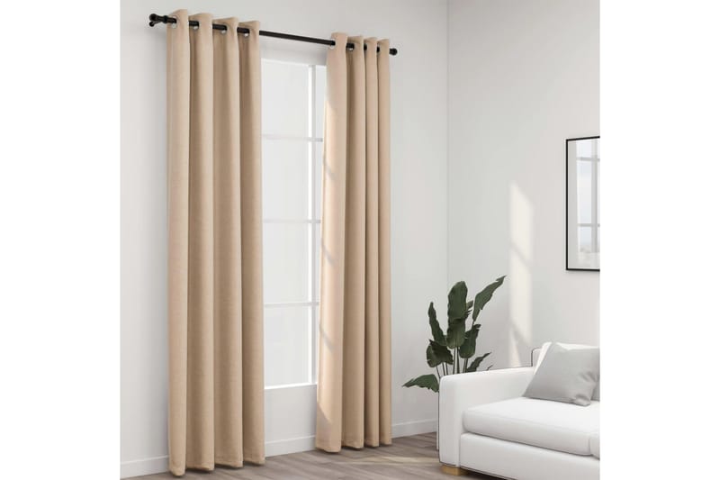 Mörkläggningsgardin med öljetter linnelook 2 st beige 140x24 - Beige - Mörkläggningsgardiner