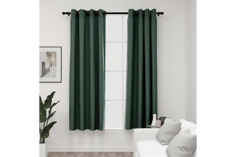 Mörkläggningsgardin med öljetter linnelook 2 st grön 140x175 - Grön - Textil & mattor - Gardiner - Mörkläggningsgardiner