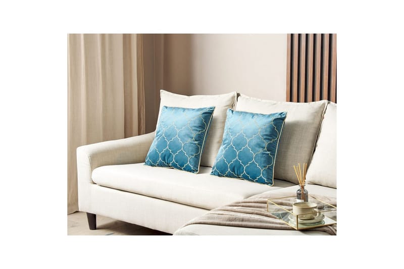 Prydnadskuddar Alyssum set om 2 Blå/guld, Sammet - Blå/guld, Sammet - Textil & mattor - Filtar, kuddar & plädar - Utekudde