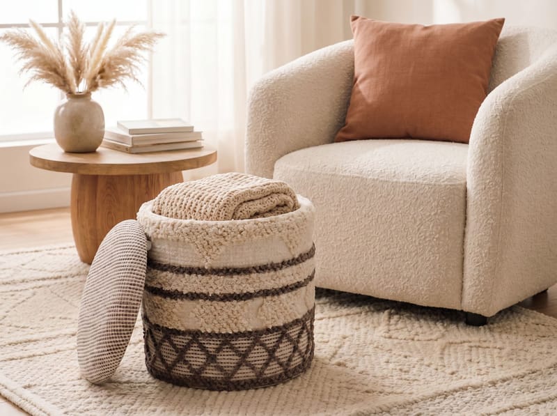 Volen Rund sittpuff med förvaring i ulltyg - beige - Textil & mattor - Filtar, kuddar & plädar - Filtar & plädar